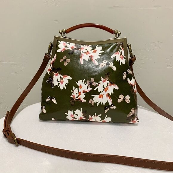 Handmade Genuine Leather Floral Print, Vintage Style Double Kisslock Handbag Set - Picture 10 of 16